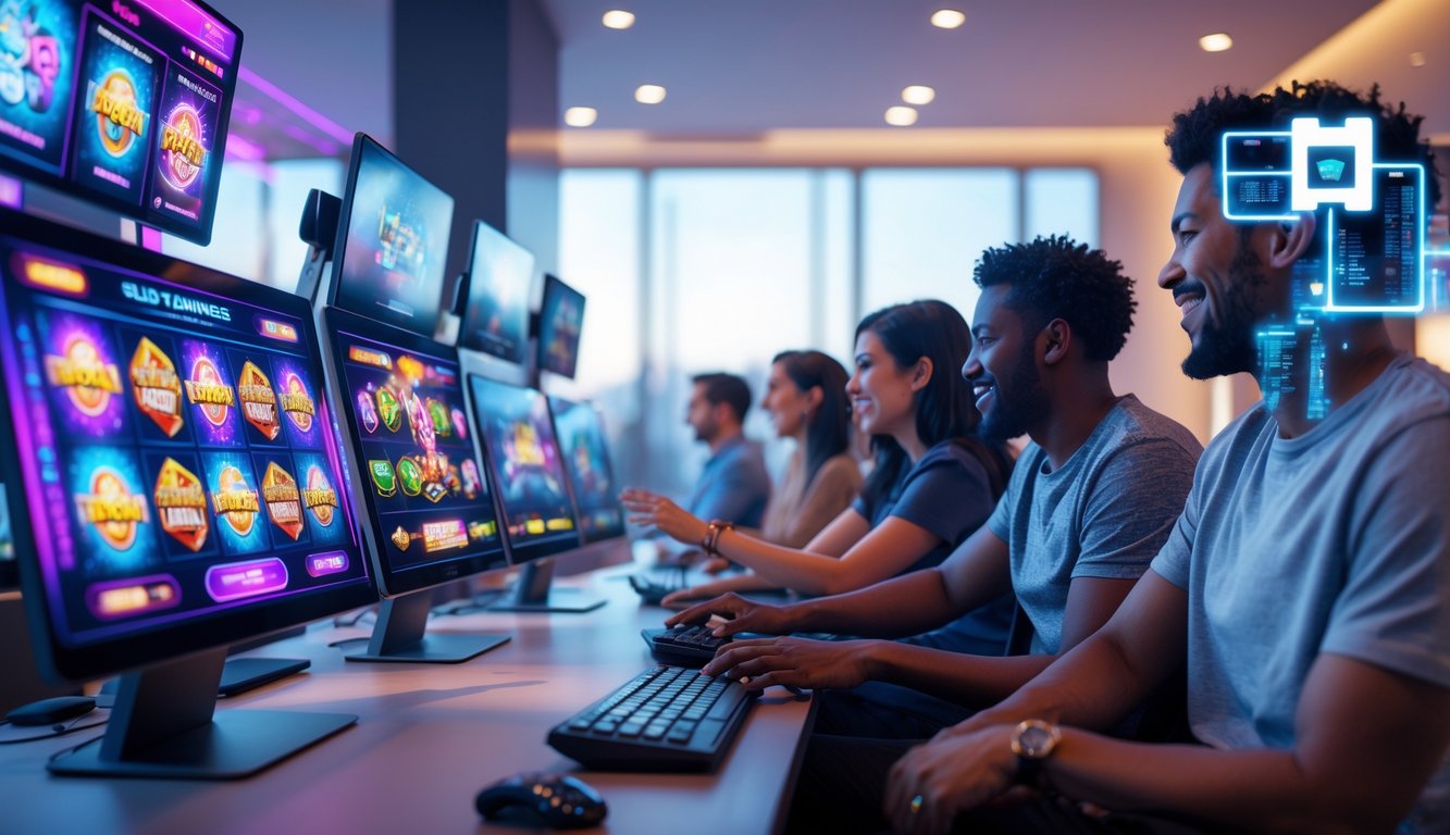 Orang-orang sedang bermain permainan slot online pada komputer dengan layar penuh warna di ruangan yang nyaman dan modern.