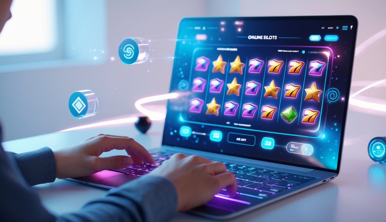 Seseorang menggunakan komputer dengan tampilan permainan slot online yang berwarna-warni dan interaktif.