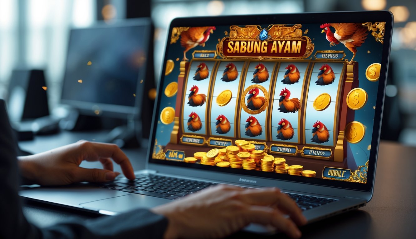 Layar komputer menampilkan permainan slot online dengan gambar ayam jago bertarung dan koin emas, dengan tangan pengguna yang sedang berinteraksi.
