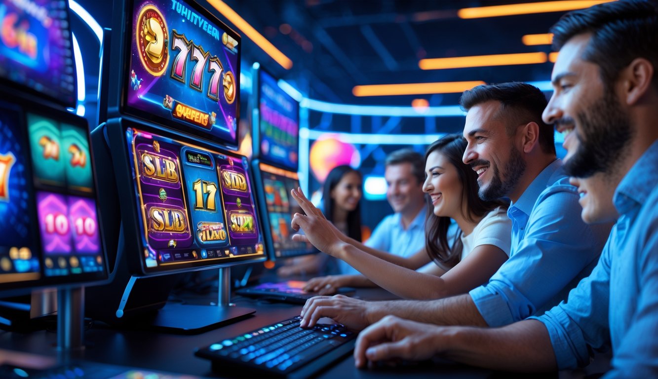 Orang-orang sedang bermain permainan slot online dengan layar komputer berwarna-warni dan suasana teknologi modern.