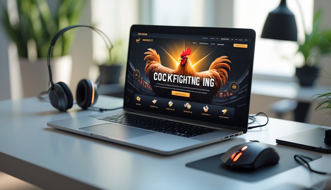 Sebuah laptop di meja dengan layar menampilkan ikon ayam jago dan elemen taruhan digital, dikelilingi aksesori gaming di ruang kerja modern.