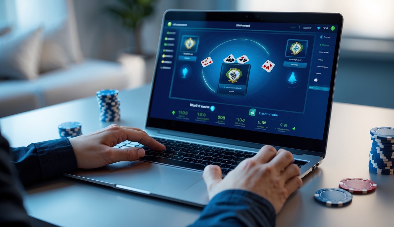 Seorang pria sedang menggunakan laptop dengan tampilan permainan poker online di layar di sebuah meja kerja yang rapi.