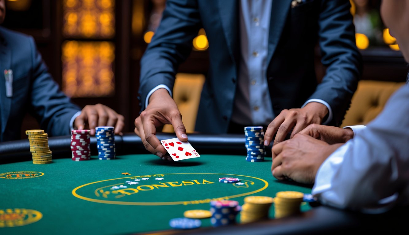 Meja poker dengan pemain yang sedang bermain kartu dan tumpukan chip, latar belakang dengan pola batik Indonesia.