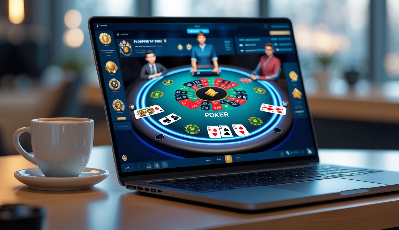 Seorang pemain sedang bermain poker online di laptop di atas meja kerja yang rapi dengan suasana yang tenang.