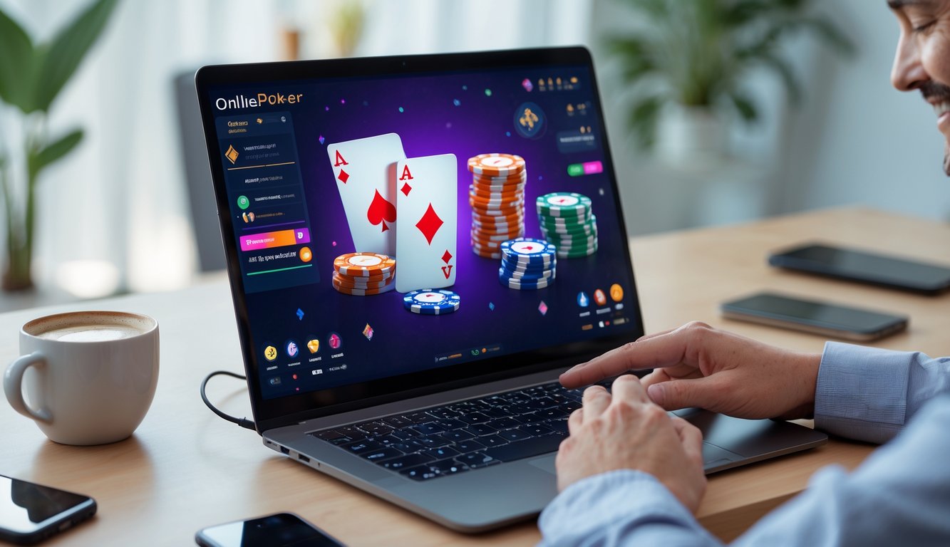 Seseorang sedang bermain poker online di depan laptop di meja kerja yang rapi dengan suasana santai.