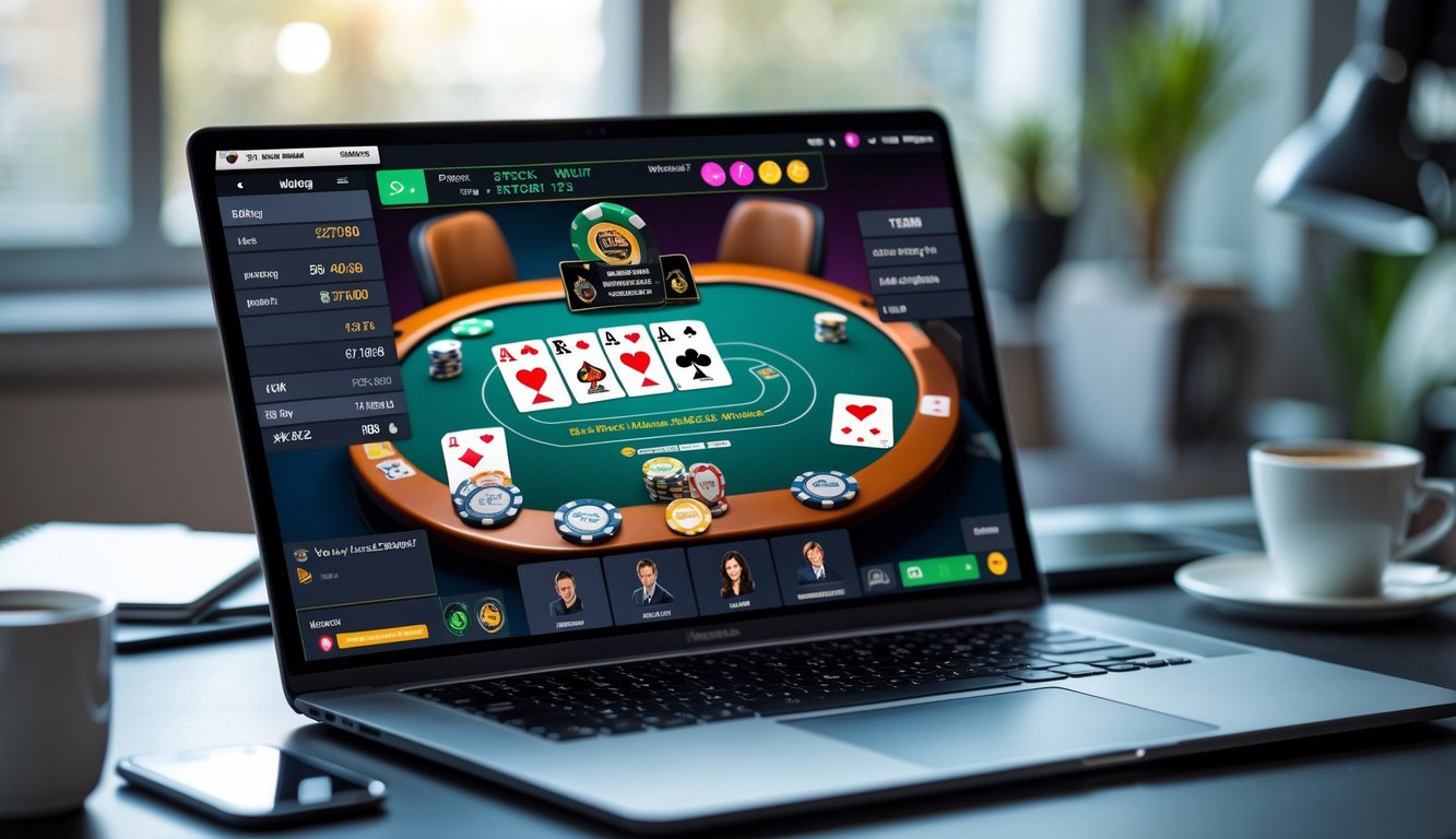 Seseorang bermain poker online di laptop dengan tampilan kartu dan chip poker di layar.