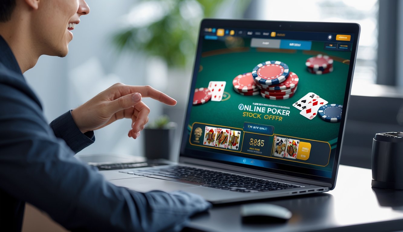 Seseorang menggunakan komputer dengan permainan poker online di layar, menunjukkan suasana permainan dan keseruan.