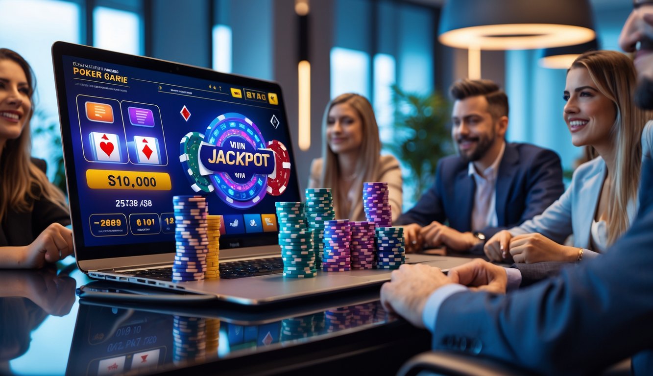 Sejumlah pemain poker duduk mengelilingi meja dengan layar komputer yang menampilkan permainan poker online dan tumpukan chip poker.