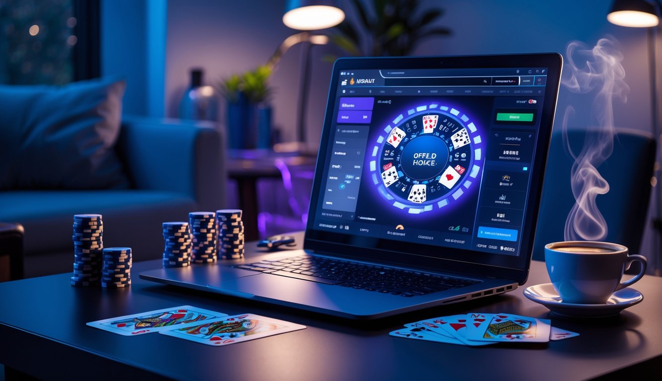 Sebuah meja kerja dengan laptop yang menampilkan permainan poker online, chip poker, kartu bermain, dan secangkir kopi di ruangan yang nyaman.