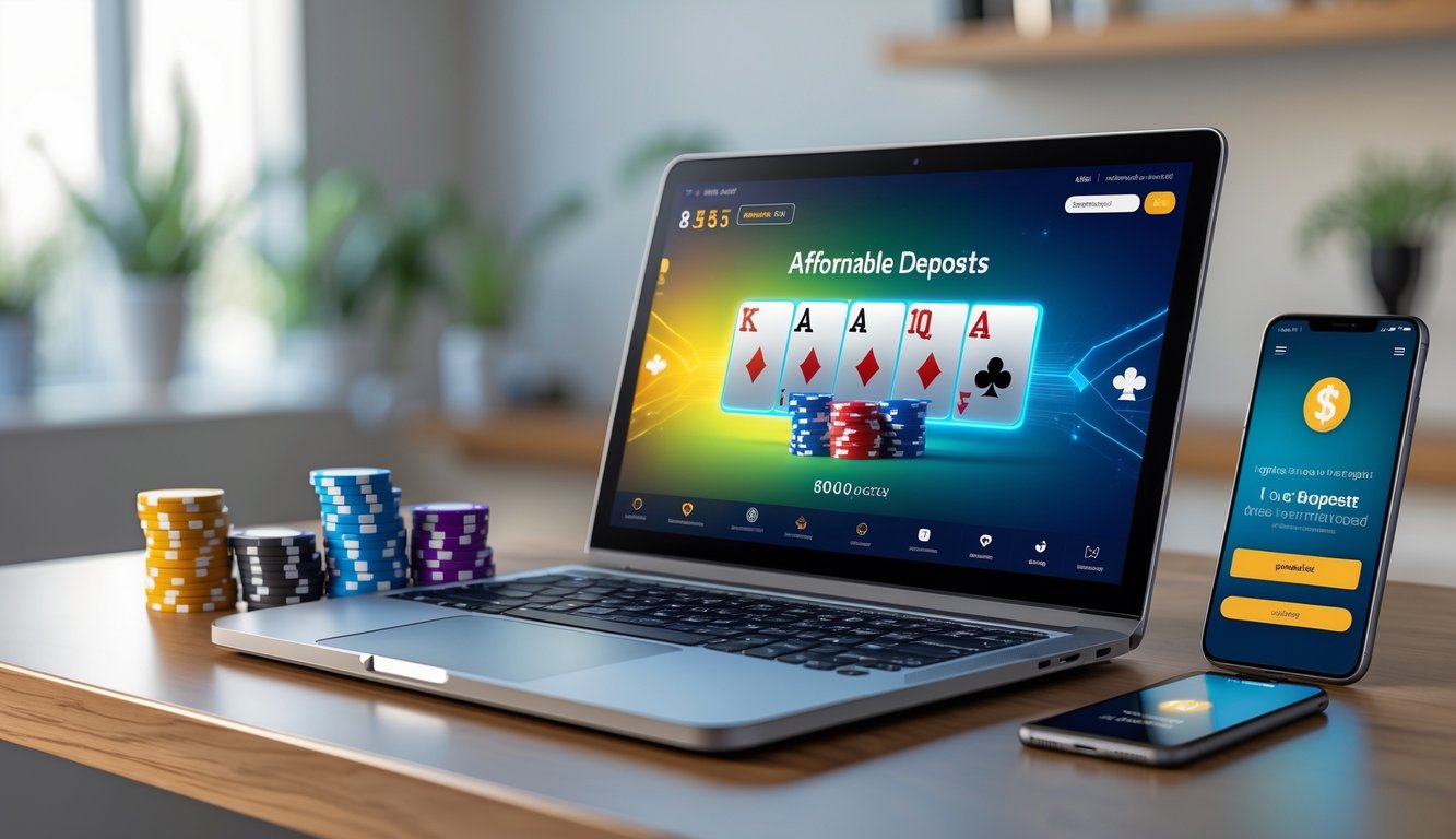 Seorang pengguna sedang bermain poker online dengan laptop dan ponsel di meja, menunjukkan proses deposit murah.