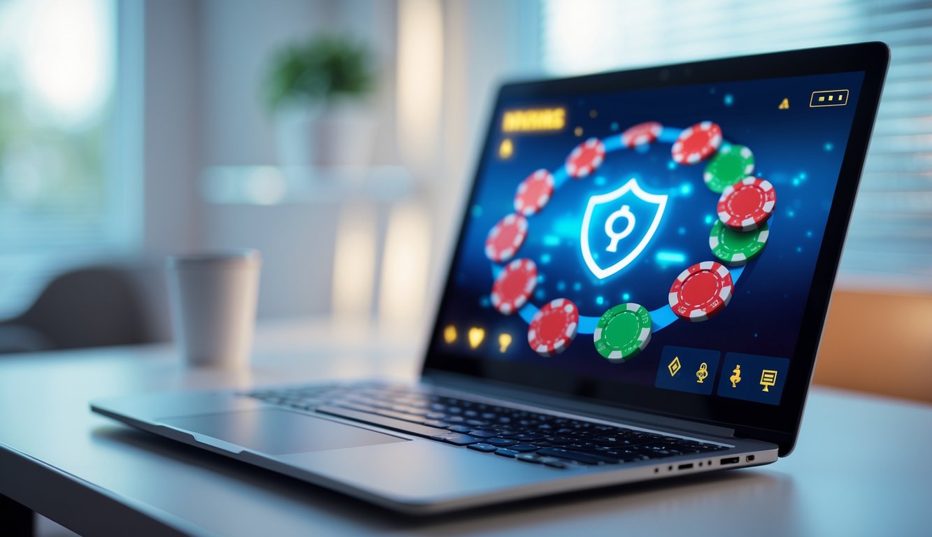Sebuah laptop modern menampilkan permainan poker online dengan chip dan kartu di layar, di atas meja bersih dengan latar belakang ikon keamanan digital yang samar.