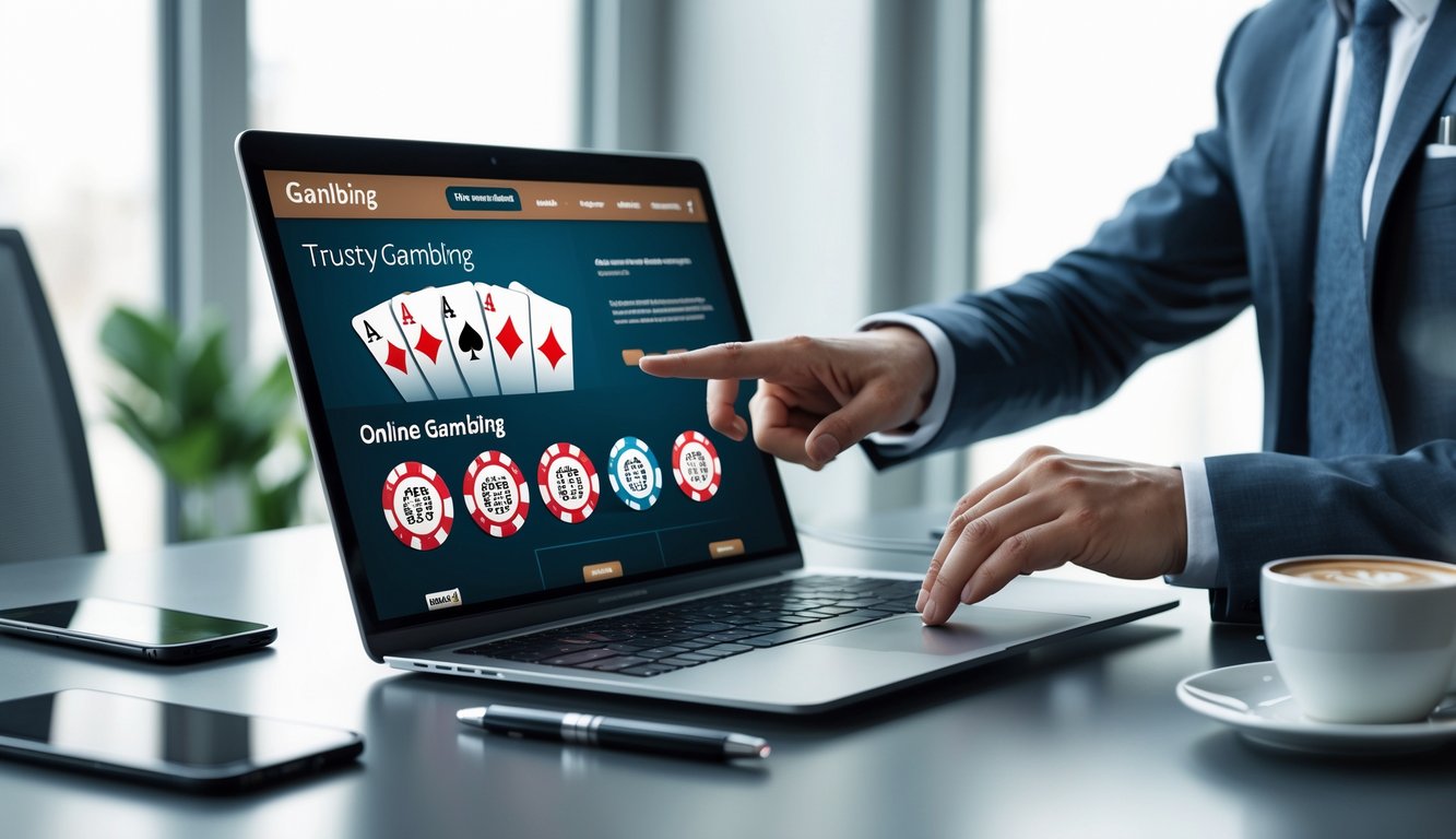 Seorang profesional sedang menggunakan laptop di meja kerja dengan ikon judi online terlihat di layar, suasana bersih dan terang.