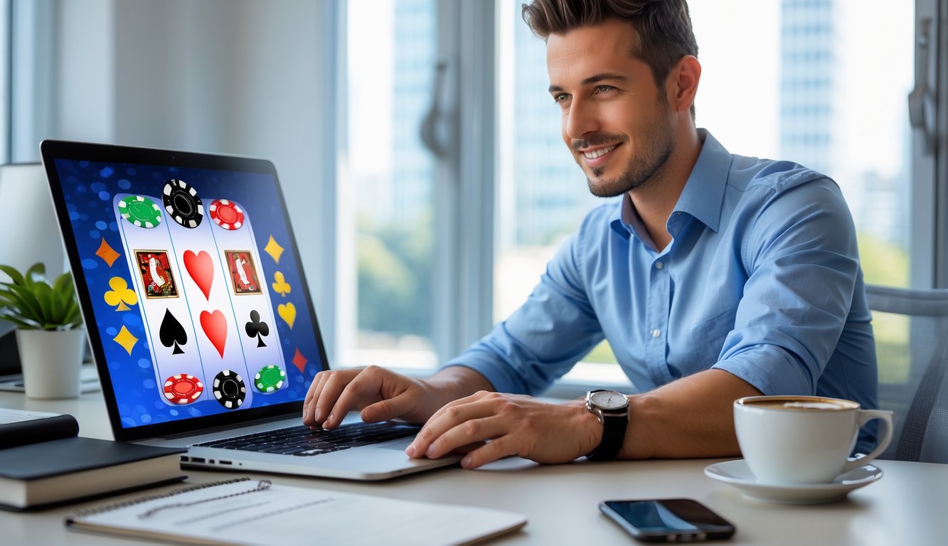 Seorang pria duduk di meja dengan laptop, fokus pada layar yang menampilkan permainan judi online, di sekitar meja terdapat catatan dan kopi.