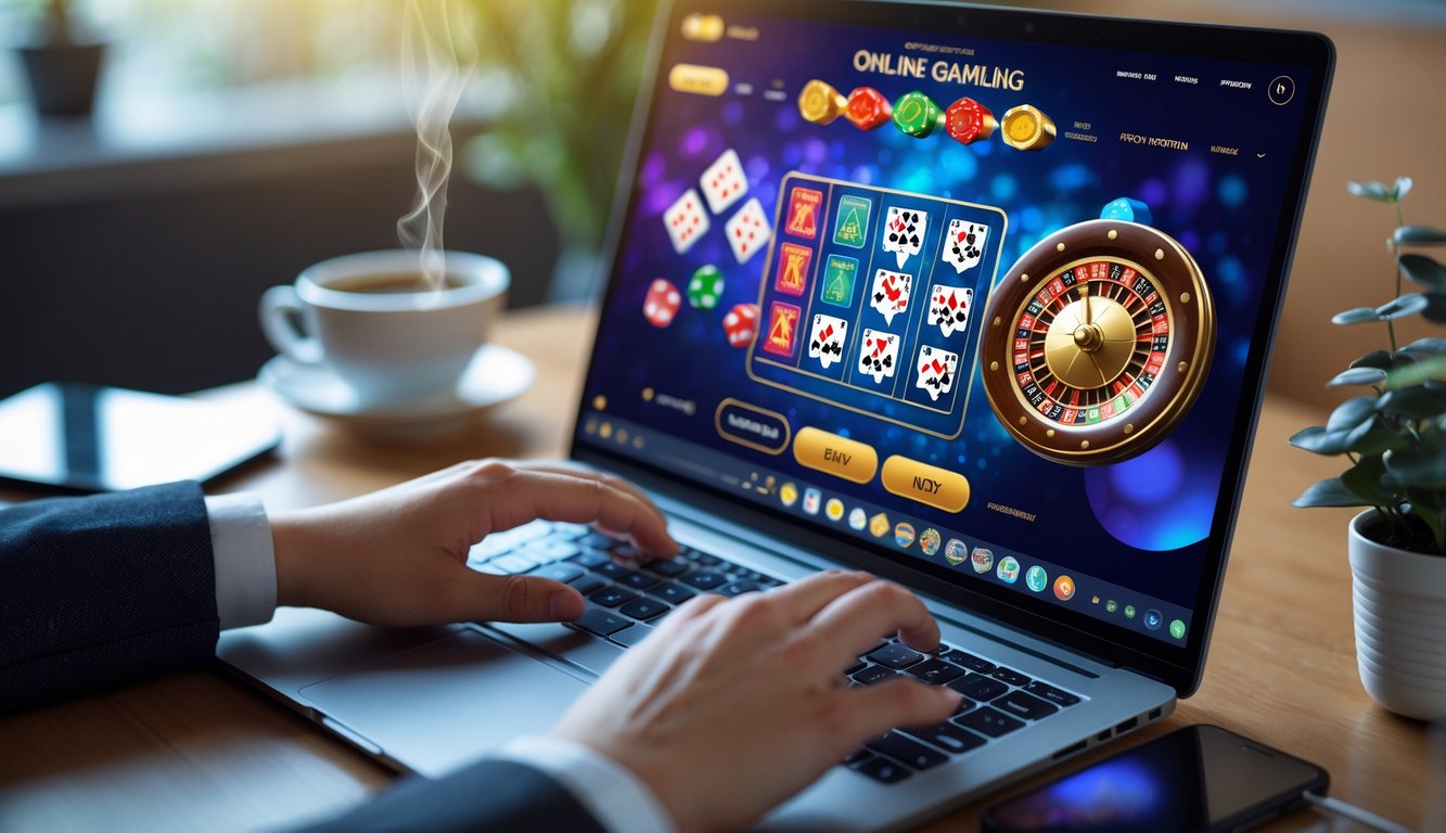 Seseorang menggunakan laptop dengan tampilan permainan kasino online yang aman dan terpercaya di ruang kerja modern.