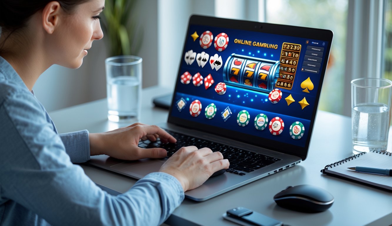 Seseorang duduk di depan laptop yang menampilkan permainan judi online di sebuah ruang kerja rumah yang terang.