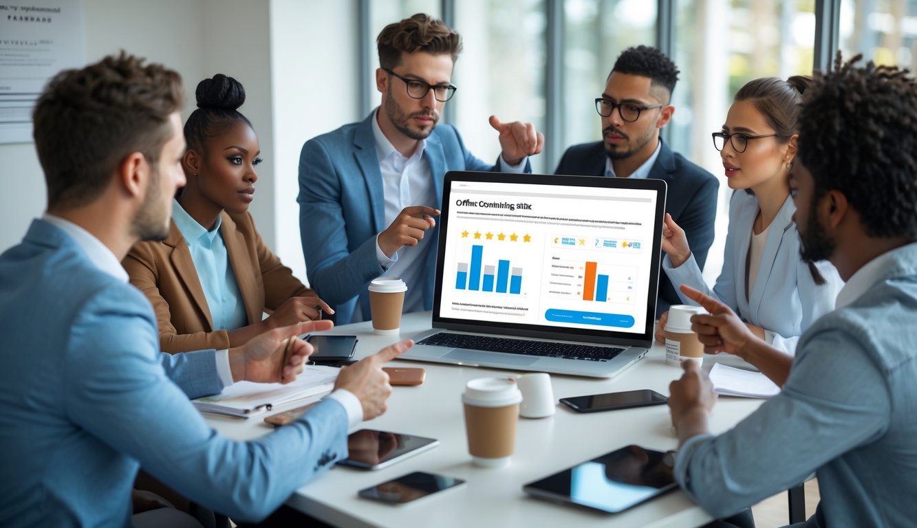 Sekelompok profesional muda sedang berdiskusi di ruang kantor modern dengan laptop yang menampilkan antarmuka ulasan situs judi online.