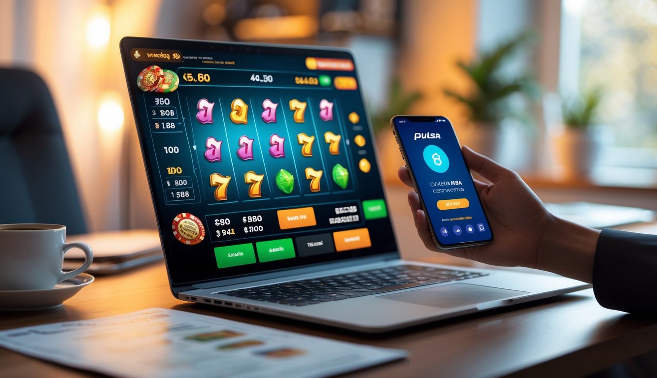 Seorang pengguna sedang melakukan transaksi pulsa untuk judi online di laptop dan ponsel di ruang kerja modern.