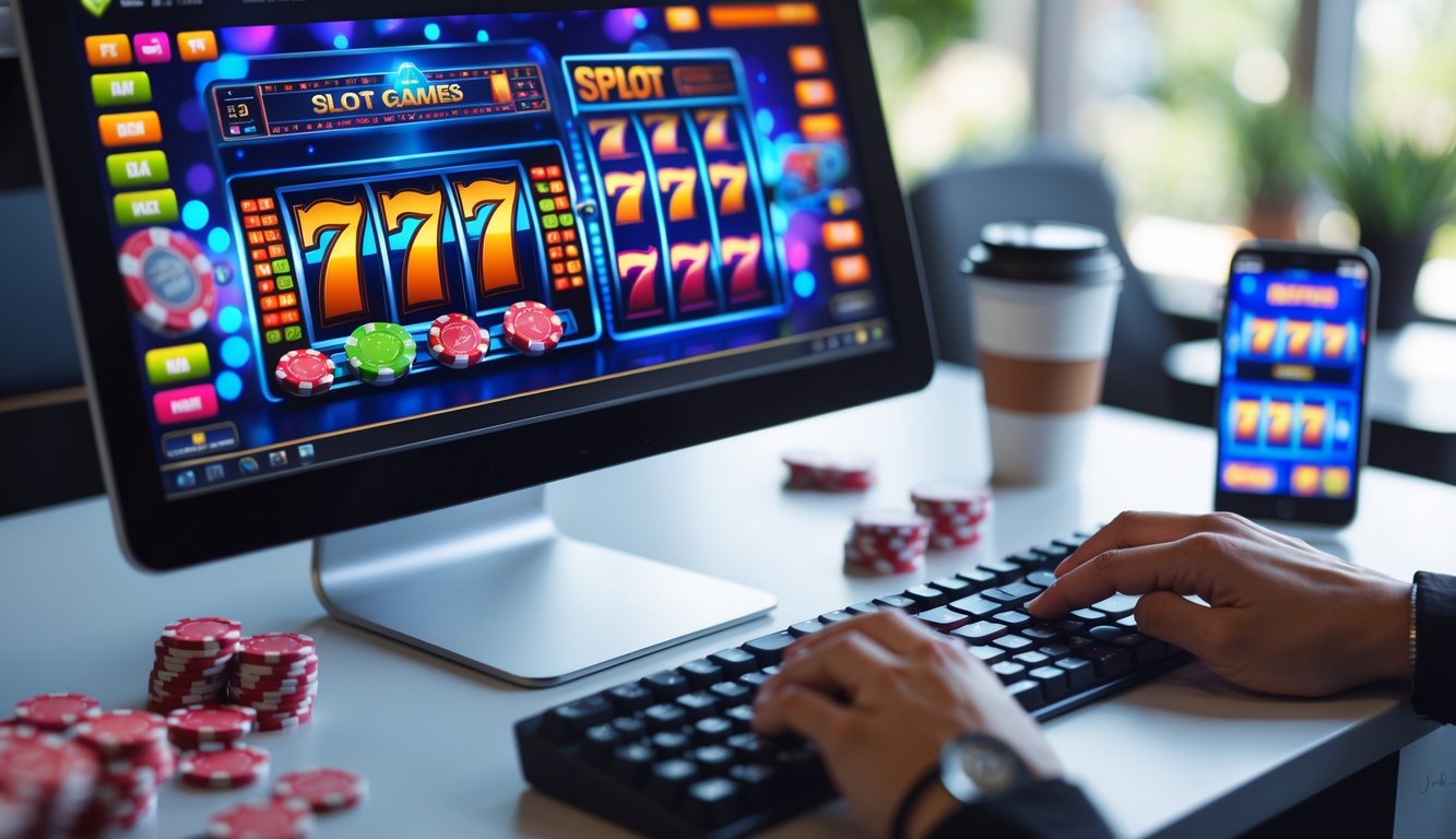 Meja kerja dengan komputer yang menampilkan permainan slot online, tangan seseorang menggunakan mouse dan keyboard, dengan chip kasino dan ponsel di sekitar meja.