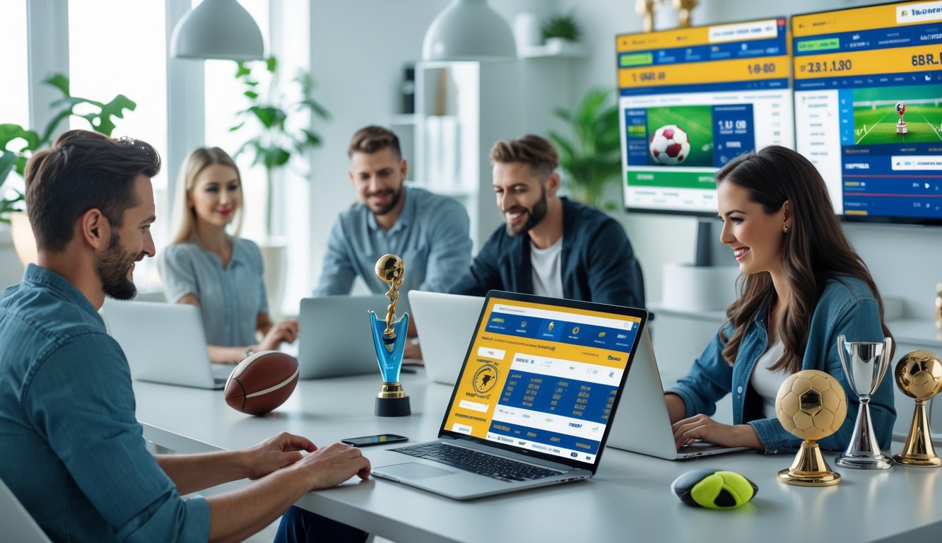 Beberapa orang menggunakan perangkat digital untuk memasang taruhan bola secara online di lingkungan modern dan terang.