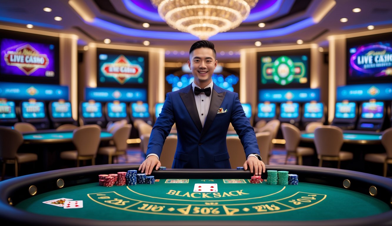 Seorang dealer berdiri di belakang meja blackjack dengan kartu dan chip, di latar belakang layar permainan kasino langsung dan pencahayaan berwarna-warni.