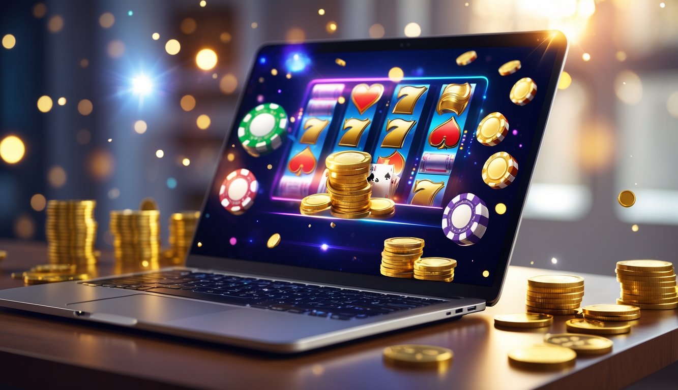 Laptop di atas meja dengan layar menampilkan ikon permainan kasino dan tumpukan koin emas.