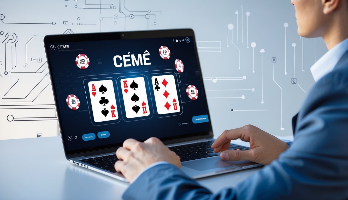 Orang menggunakan laptop dengan tampilan permainan kartu Ceme online di meja kerja yang rapi dan terang.