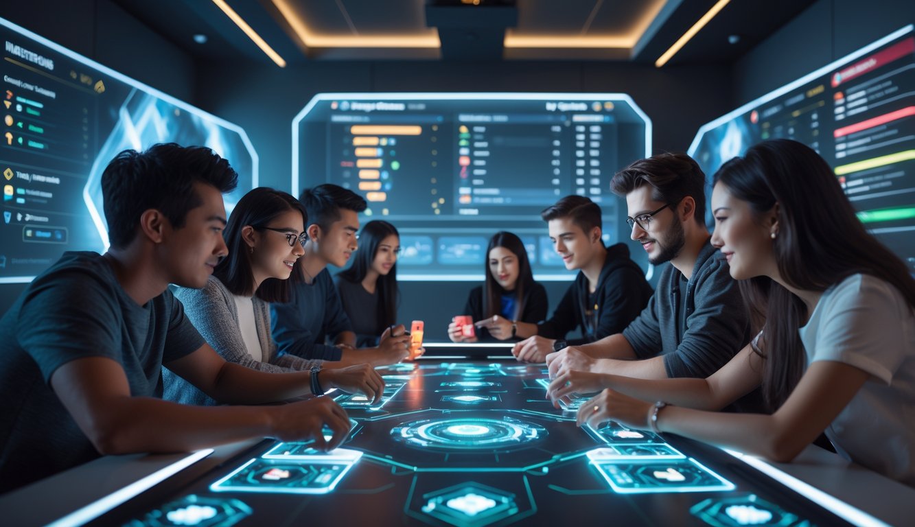 Sekelompok orang muda bermain kartu secara online di meja digital futuristik dengan layar besar di latar belakang.