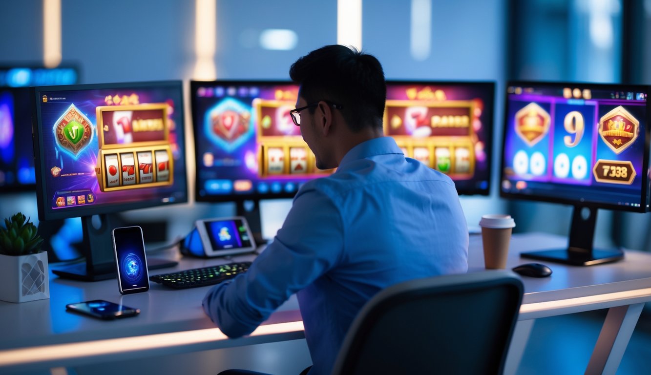 Seseorang sedang menggunakan komputer dengan beberapa layar menampilkan permainan kartu dan mesin slot online di meja kerja yang rapi.