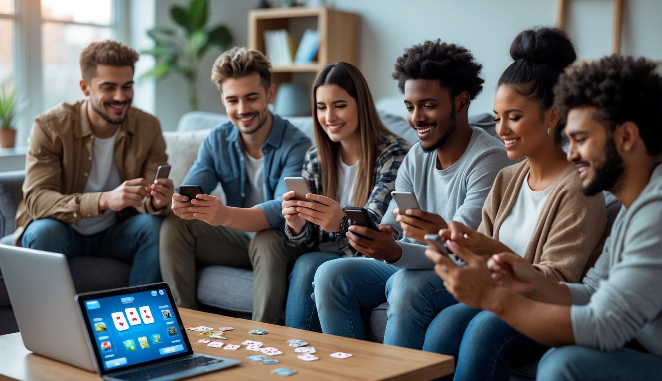 Beberapa orang muda sedang bermain permainan kartu online dengan perangkat digital di ruang tamu yang nyaman.