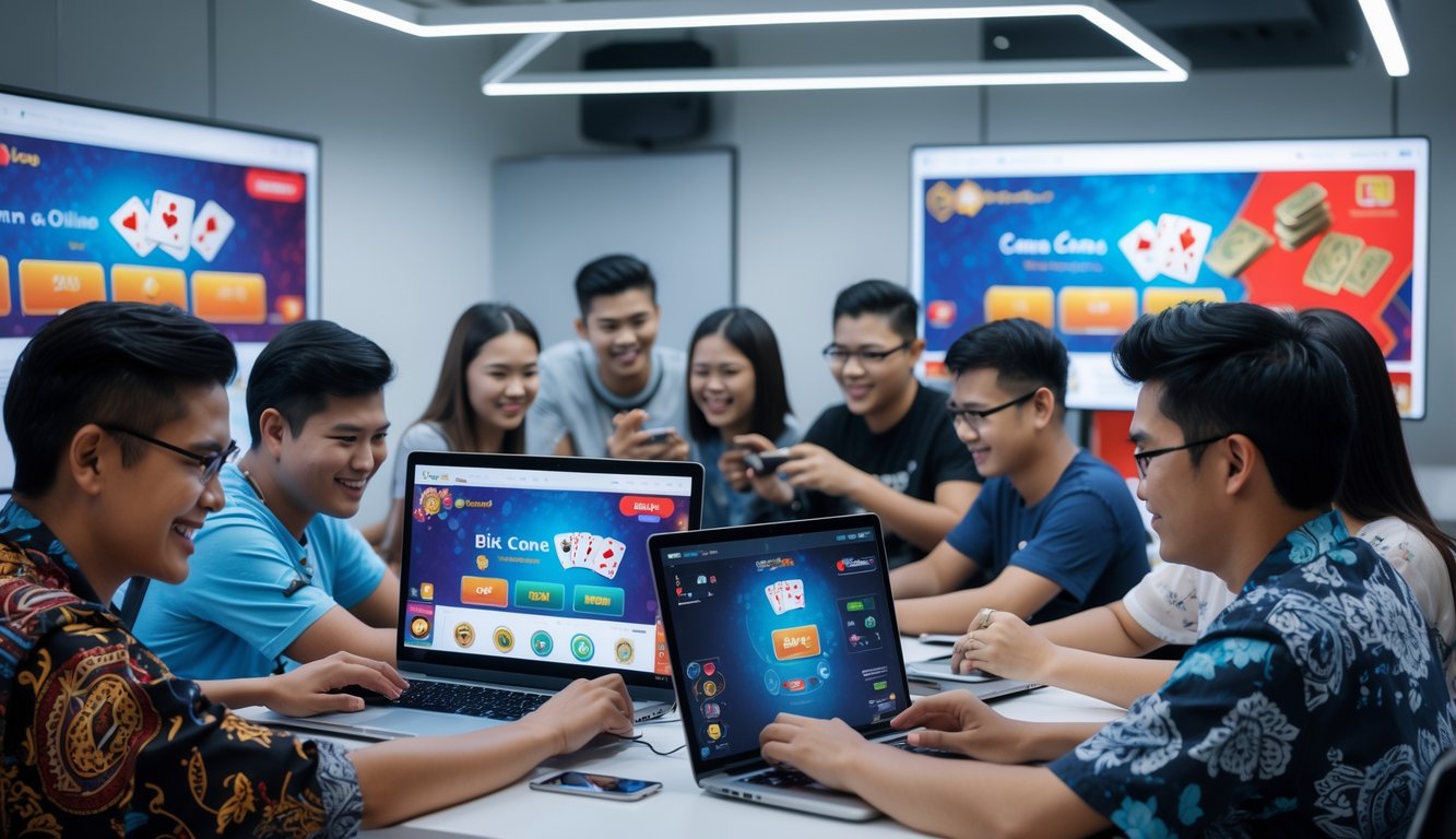 Sekelompok orang muda bermain permainan kartu online di ruang kerja dengan perangkat digital di Indonesia.