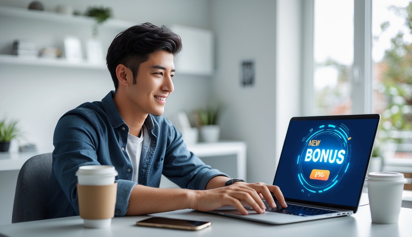 Seseorang duduk di meja kerja dengan laptop, tampak fokus dan senang menggunakan platform online di ruangan yang terang dan rapi.