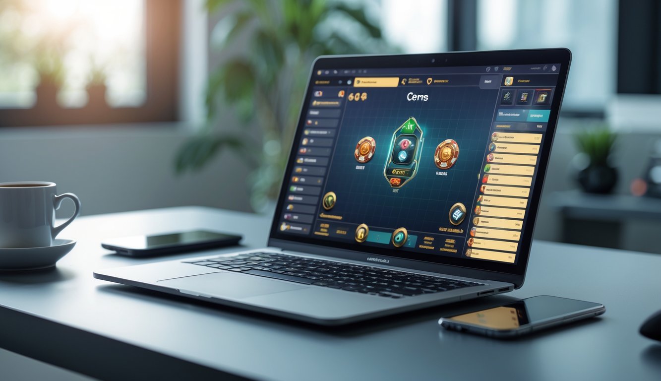 Seorang pengguna sedang bermain permainan kartu online di laptop di meja kerja yang rapi dengan secangkir kopi dan ponsel di sampingnya.