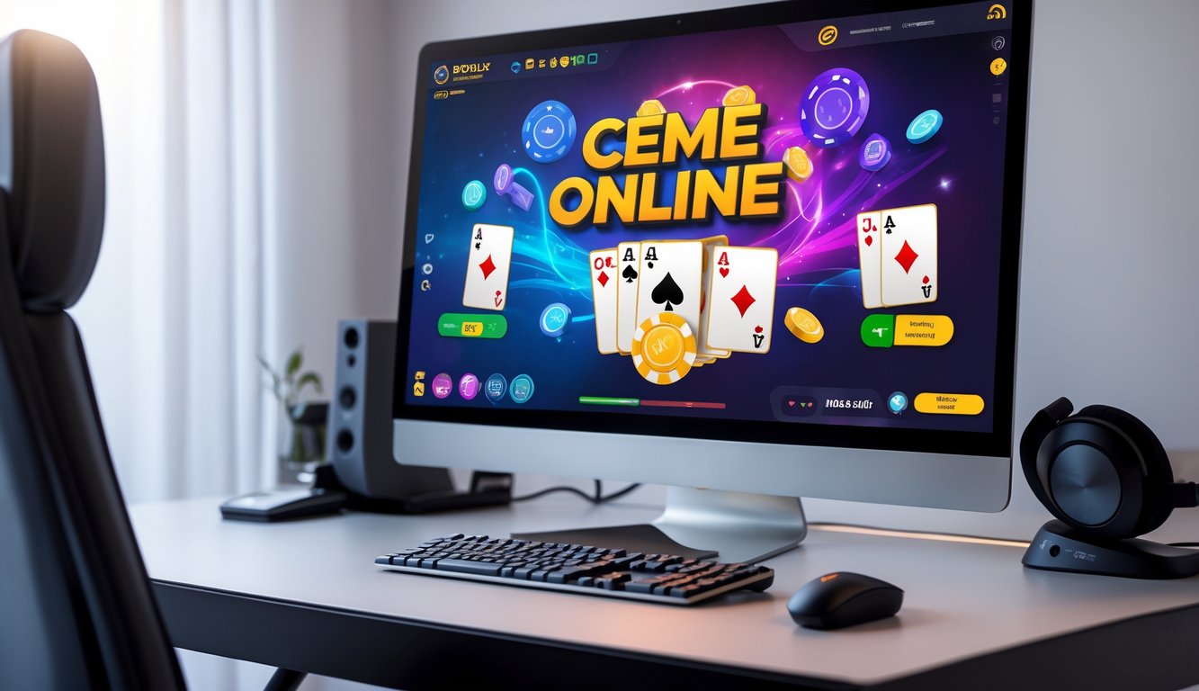 Sebuah meja komputer modern dengan layar menampilkan permainan kartu online Ceme dan perlengkapan gaming di sekitarnya.