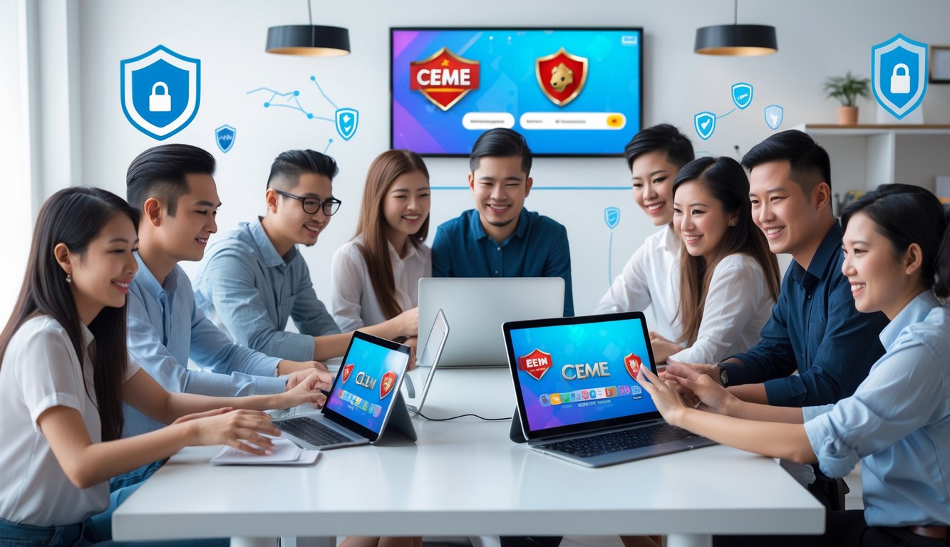 Sekelompok orang muda bermain permainan kartu Ceme secara online di ruangan modern yang terang dan aman.