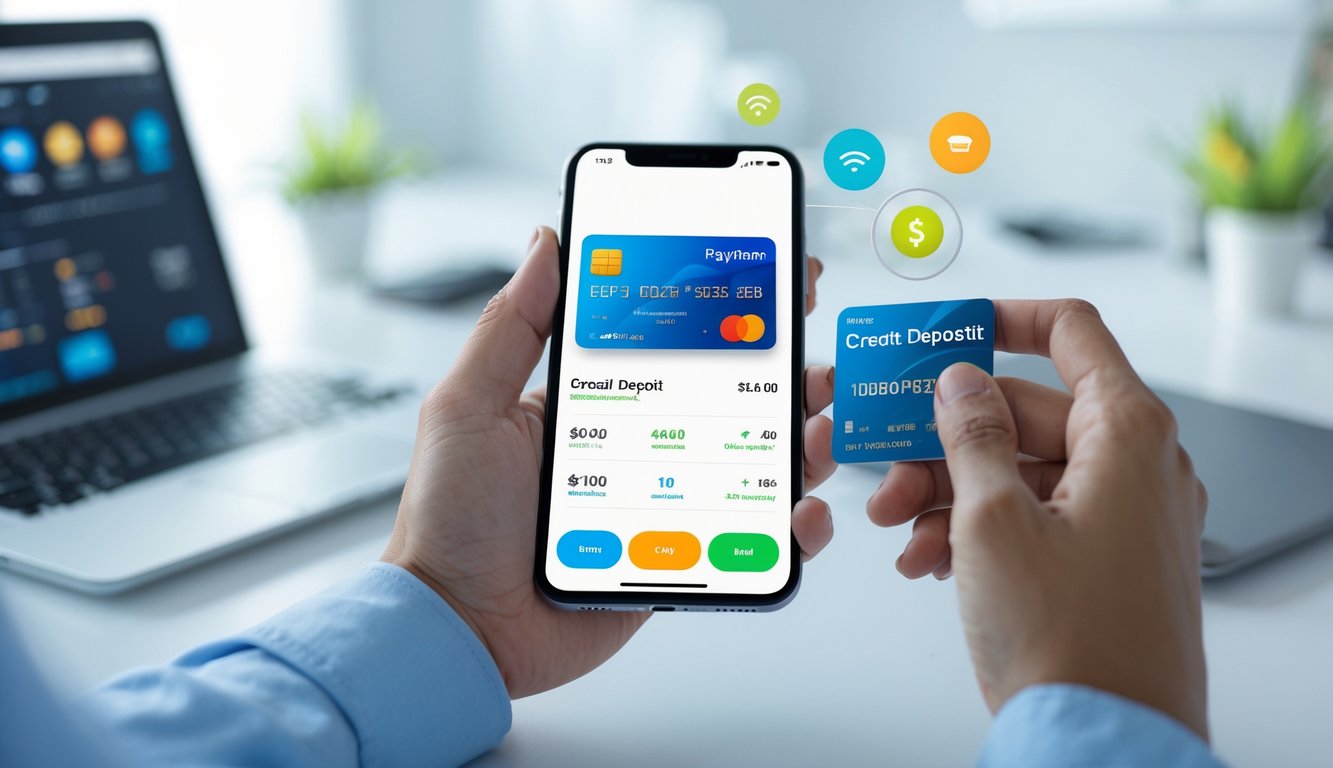 Tangan seseorang memegang ponsel dengan tampilan aplikasi pembayaran digital di meja kerja yang bersih dan terang.