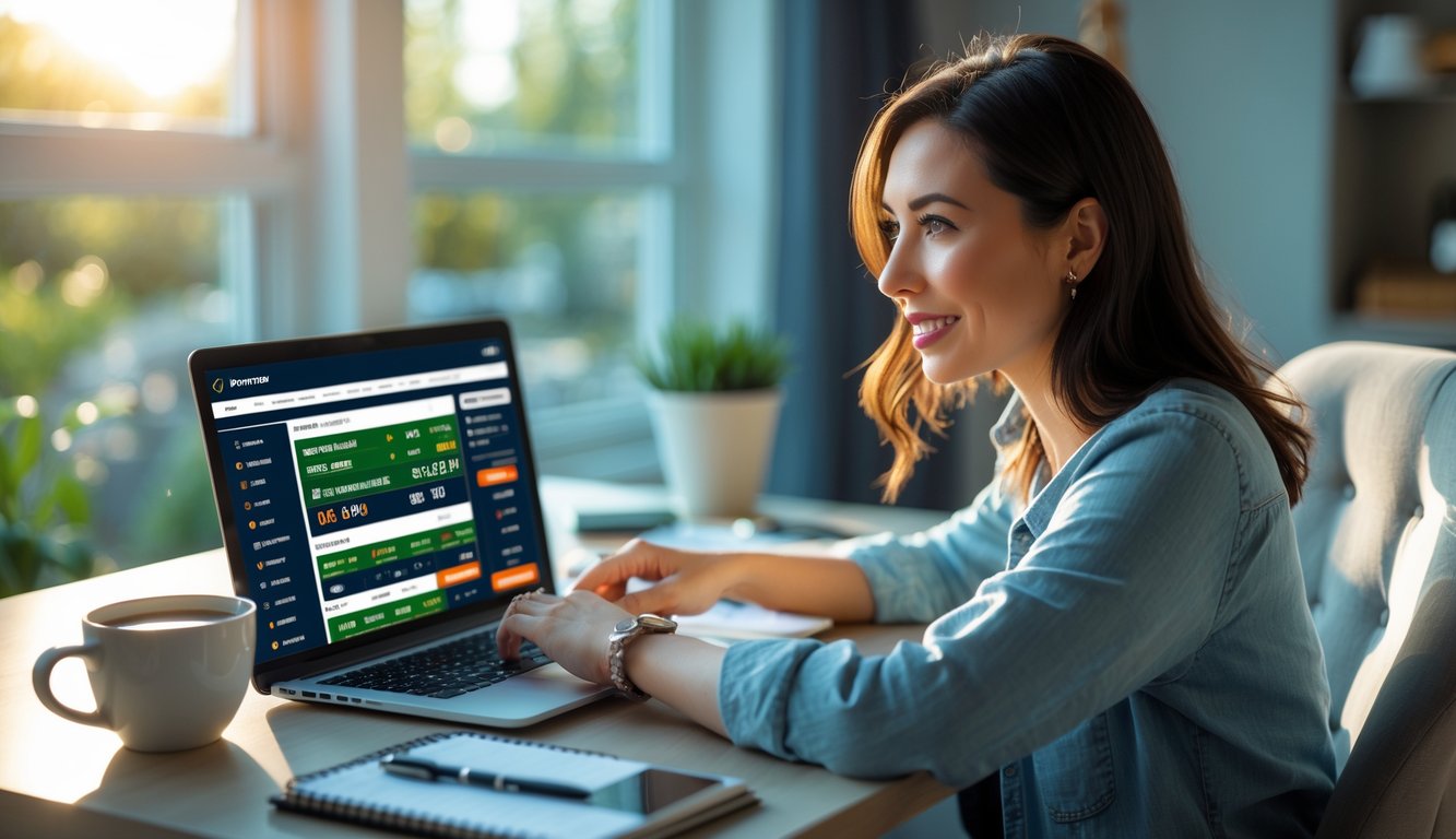 Seorang wanita muda duduk di meja dengan laptop, terlihat fokus menggunakan situs taruhan online di ruang kerja rumah yang terang.