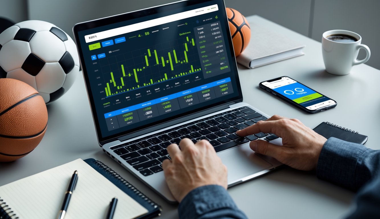 Seseorang sedang bekerja di depan laptop dengan statistik olahraga dan alat taruhan di meja.