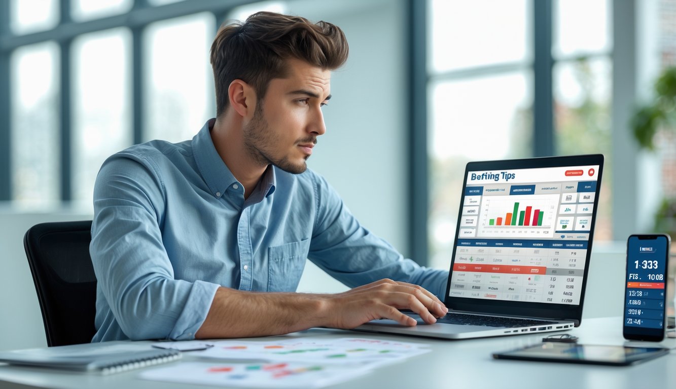 Seorang pria muda duduk di meja kantor modern, fokus melihat layar laptop dengan grafik dan statistik taruhan, dikelilingi catatan dan ponsel yang menampilkan peluang taruhan.
