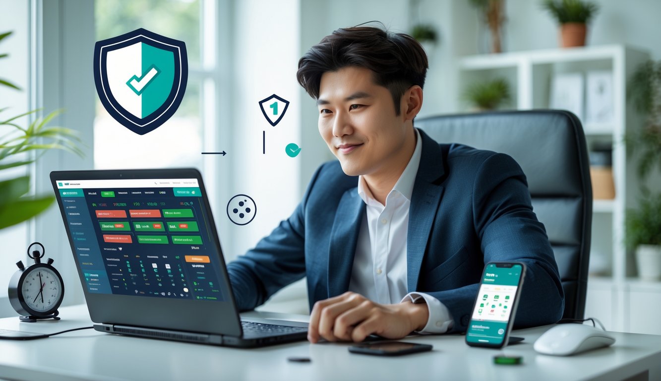 Seorang pria muda sedang duduk di meja dengan laptop, fokus pada layar yang menampilkan antarmuka taruhan, di ruang kerja yang terang dan rapi.