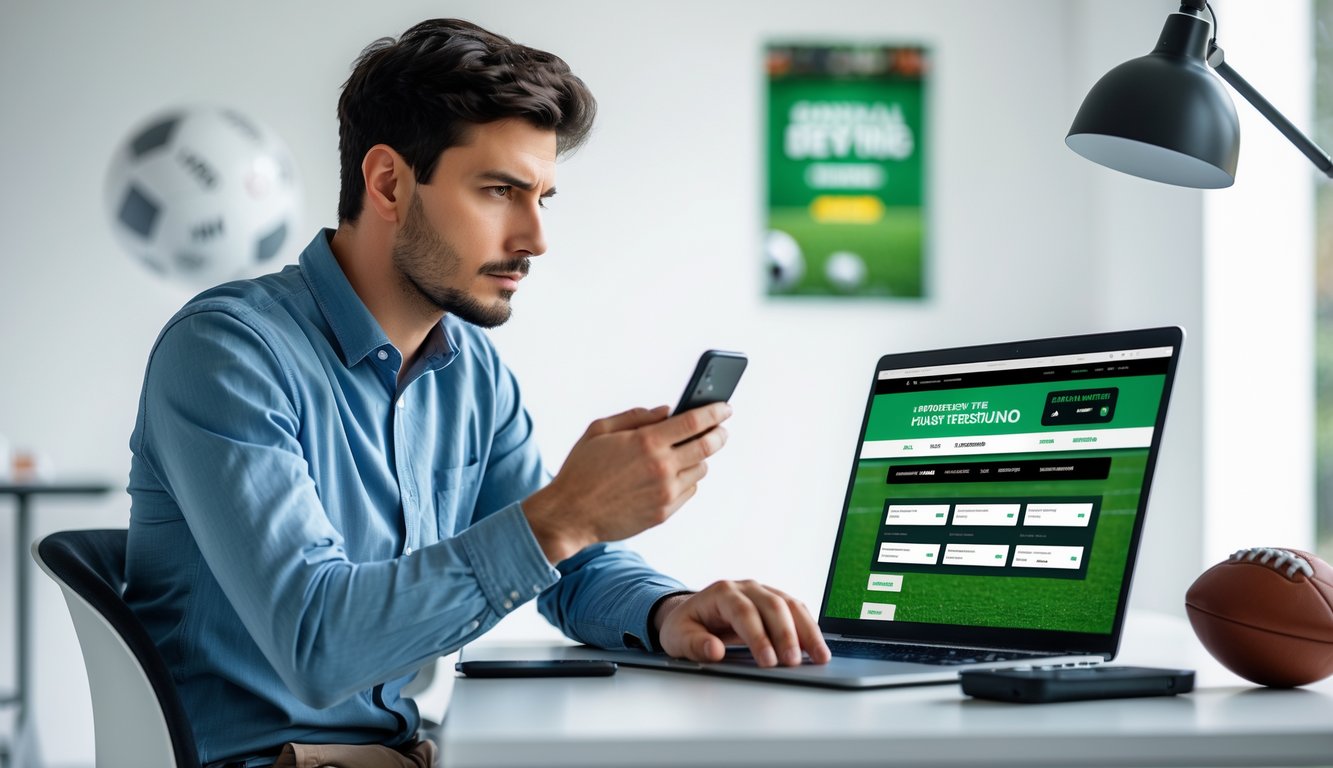 Seorang pria muda duduk di meja dengan laptop dan ponsel, fokus pada aktivitas taruhan sepak bola online.