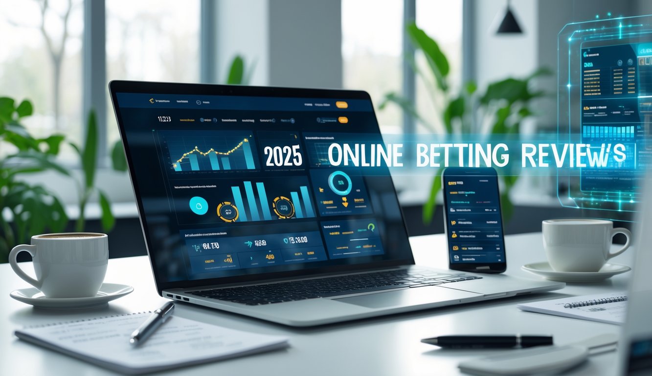 Sebuah ruang kerja modern dengan laptop, smartphone, dan alat tulis yang menunjukkan suasana tinjauan situs taruhan online tahun 2025.