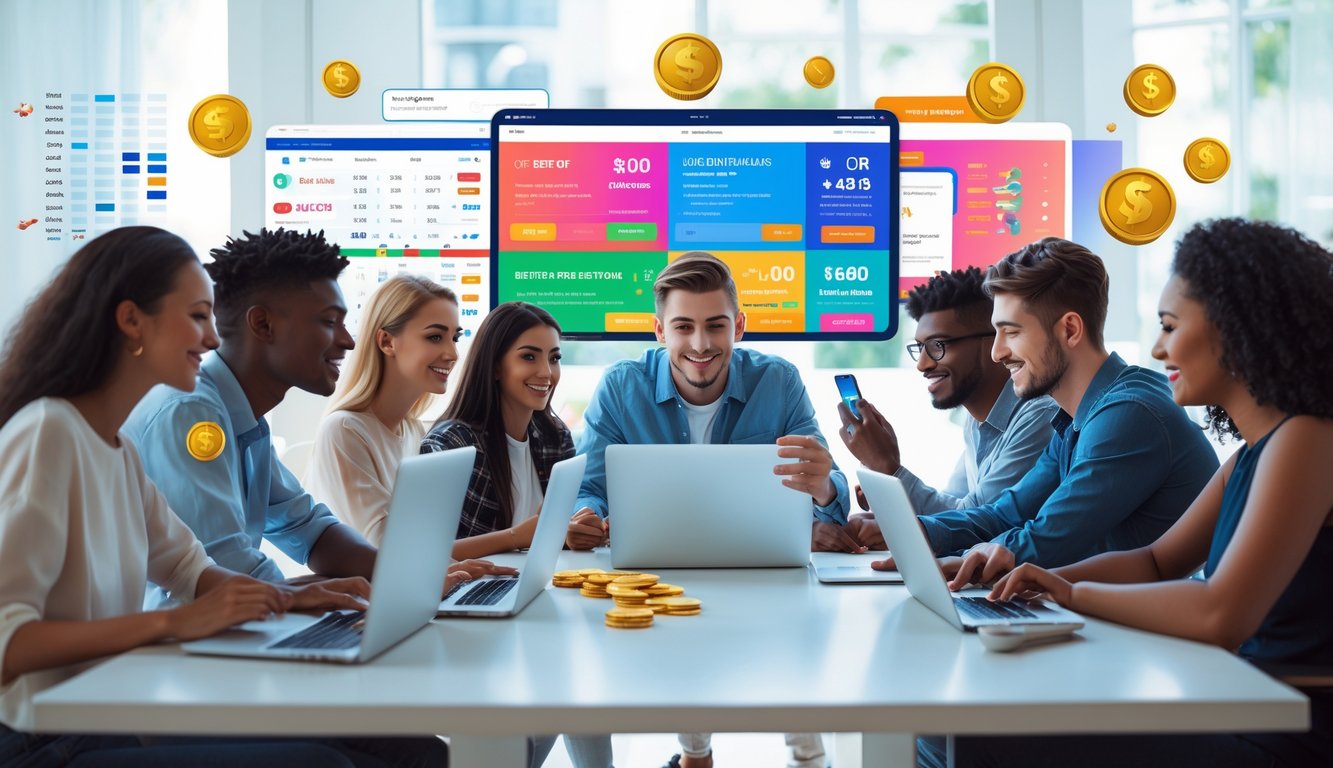 Sekelompok orang muda menggunakan perangkat digital untuk bertaruh online dengan suasana yang cerah dan profesional.