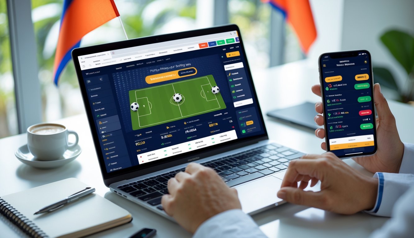 Sebuah ruang kerja modern dengan laptop dan ponsel yang menampilkan aplikasi taruhan olahraga, dengan meja bersih dan dekorasi bendera Indonesia.