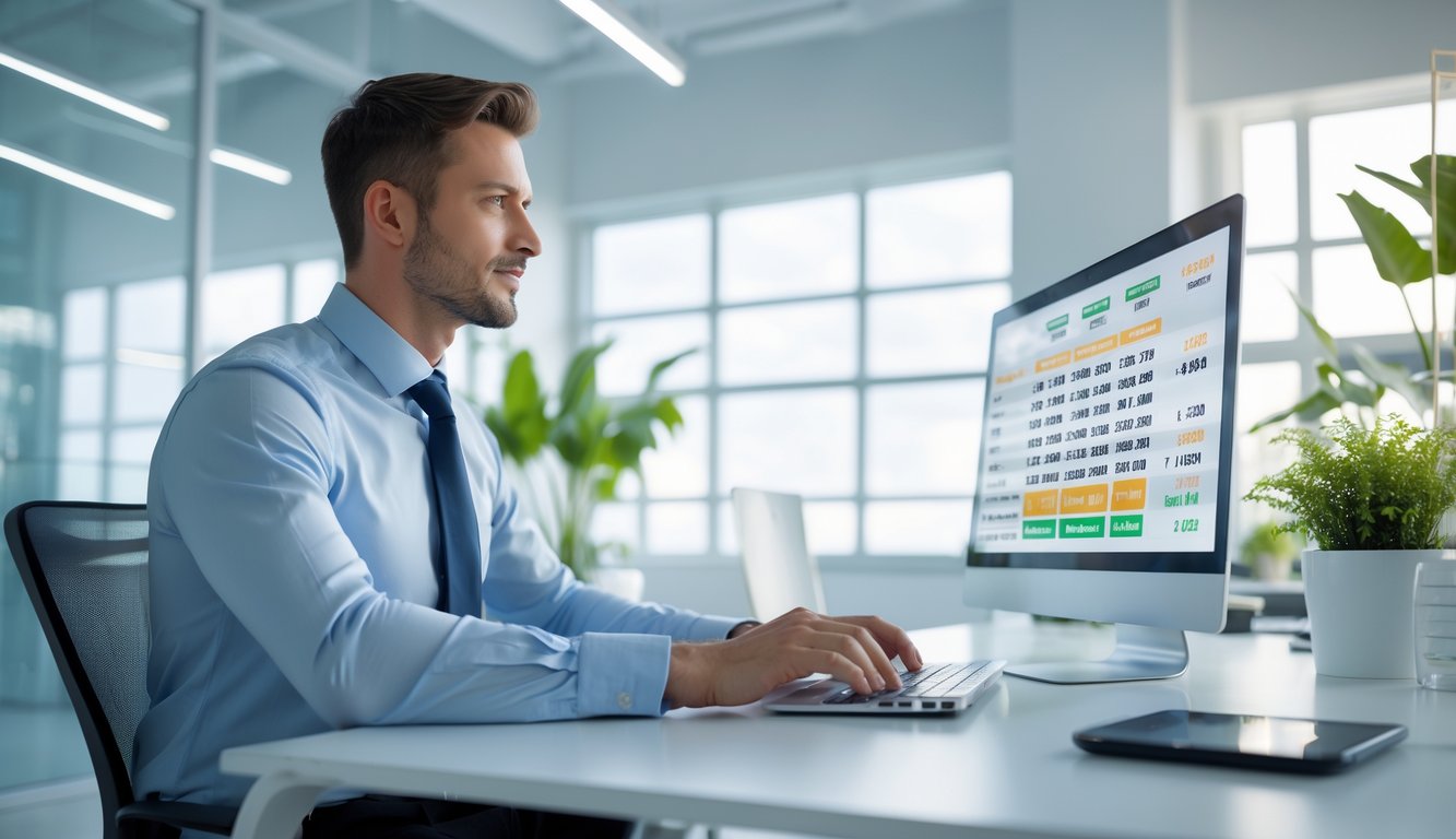 Seorang profesional duduk di meja kantor modern dengan laptop, menganalisis data dan grafik, menunjukkan suasana kerja yang terpercaya dan serius.