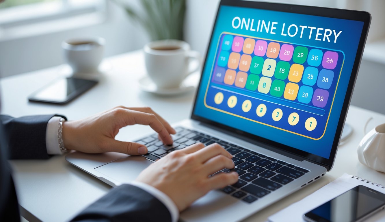 Seseorang menggunakan laptop di meja kerja dengan antarmuka angka warna-warni di layar, menunjukkan konsep togel online.