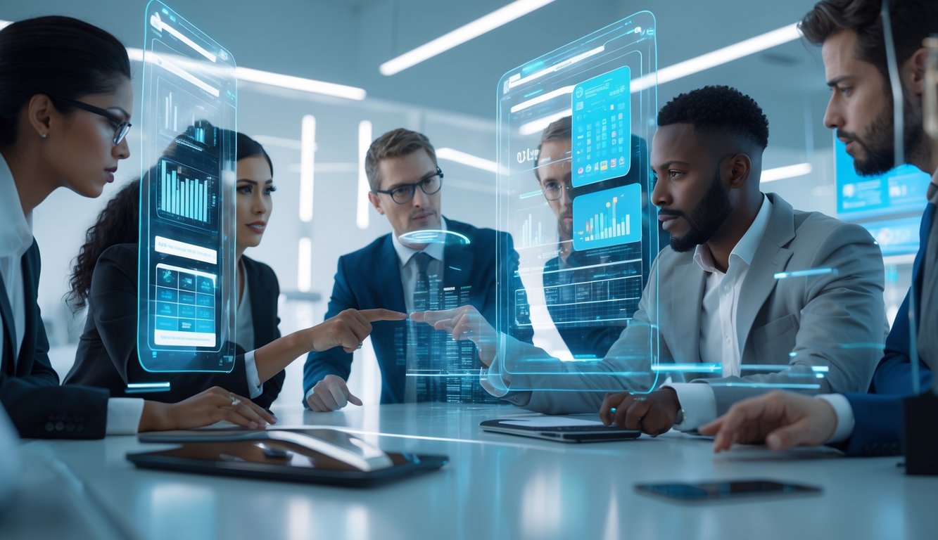 Sekelompok profesional sedang bekerja dengan layar holografik yang menampilkan statistik dan prediksi angka togel di ruang kantor modern.