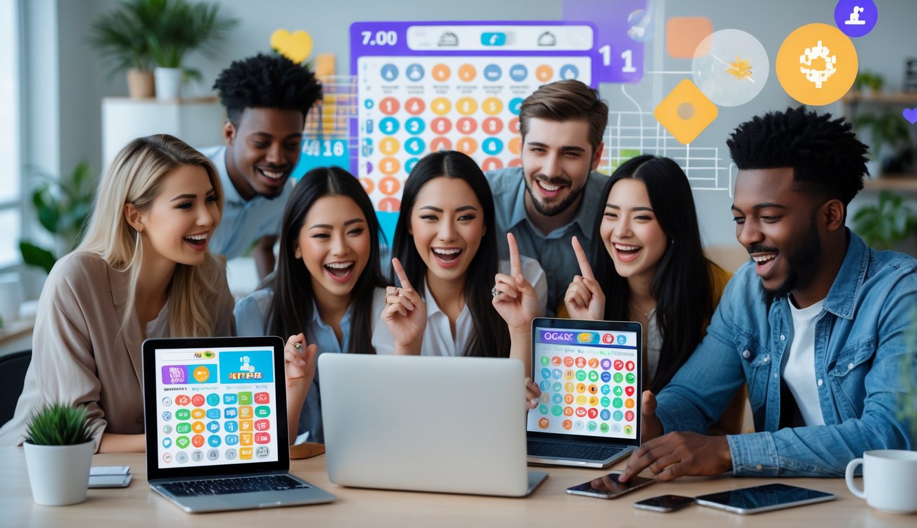 Sekelompok orang muda sedang berkumpul di ruang tamu modern, melihat layar laptop dengan ekspresi antusias dan senang.