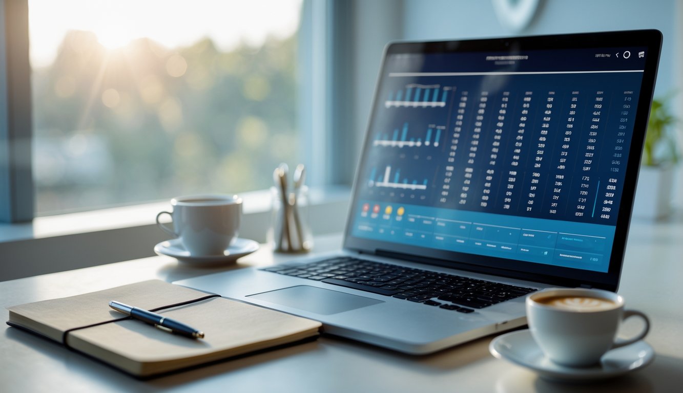 Meja kerja dengan laptop yang menampilkan antarmuka prediksi angka togel, dilengkapi dengan buku catatan dan cangkir kopi di sampingnya.