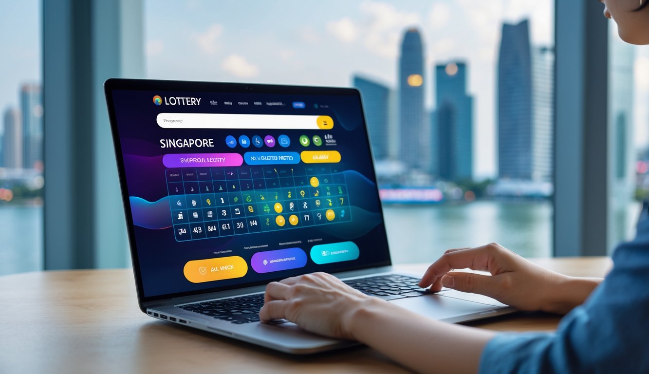 Meja kerja modern dengan laptop yang menampilkan antarmuka permainan togel Singapura online dan tangan seseorang yang sedang menggunakan laptop.