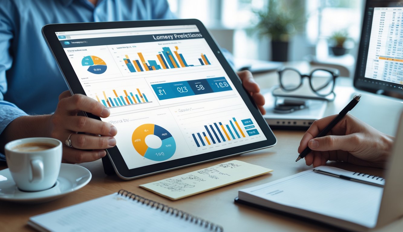 Seseorang sedang menganalisis prediksi togel menggunakan perangkat digital di ruang kerja yang rapi.
